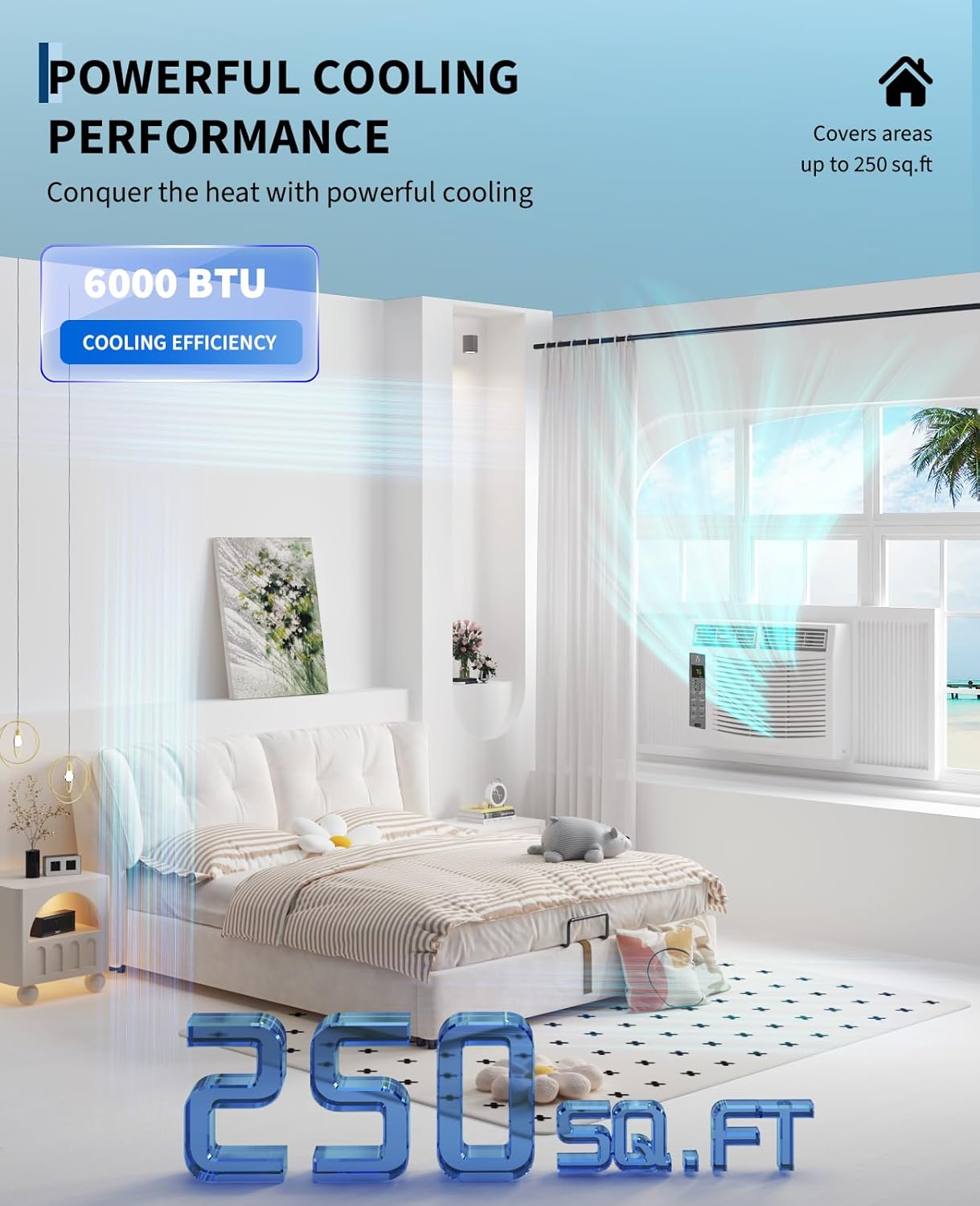 6000 BTUs Window Air Conditioner, Smart Window Air Conditioner Unit Cooling for 250 Sq.Ft, Remote & App Control, Quiet 50dB, Includes Window Kit, 115V/60Hz, White
