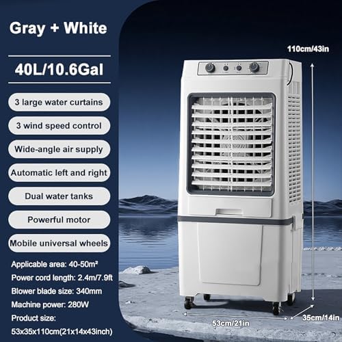 Swamp Cooler Air Conditioner Portable, 3-Speed Fan, 9000CFM Powerful Evaporative Air Cooler, 3-IN-1 Humidifying Cooling Fan for Home, Shop, Factory, Garage(Gray)