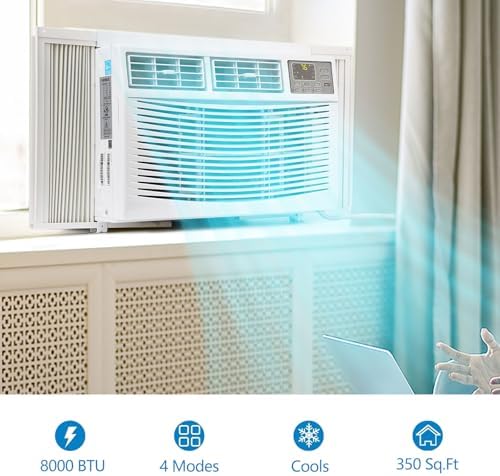 8000 BTU Window Air Conditioner, Cools Up to 350 Sq. Ft, 3 Cooling & Fan Speeds, Energy Efficient, Perfect Ac Window Unit for Bedroom, Living Room, Home Office