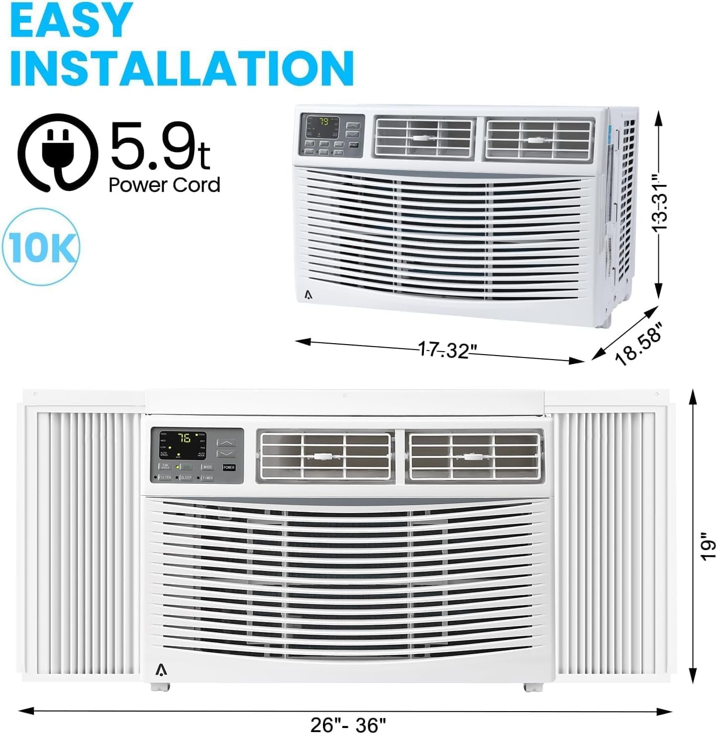 Window Air Conditioner 8000 BTU, Smart Window AC Unit Cools Up to 350 Sq. Ft., Energy Saving with Remote & App Control & Timer Function, Window Fan for Small Rooms, Living Room, Office