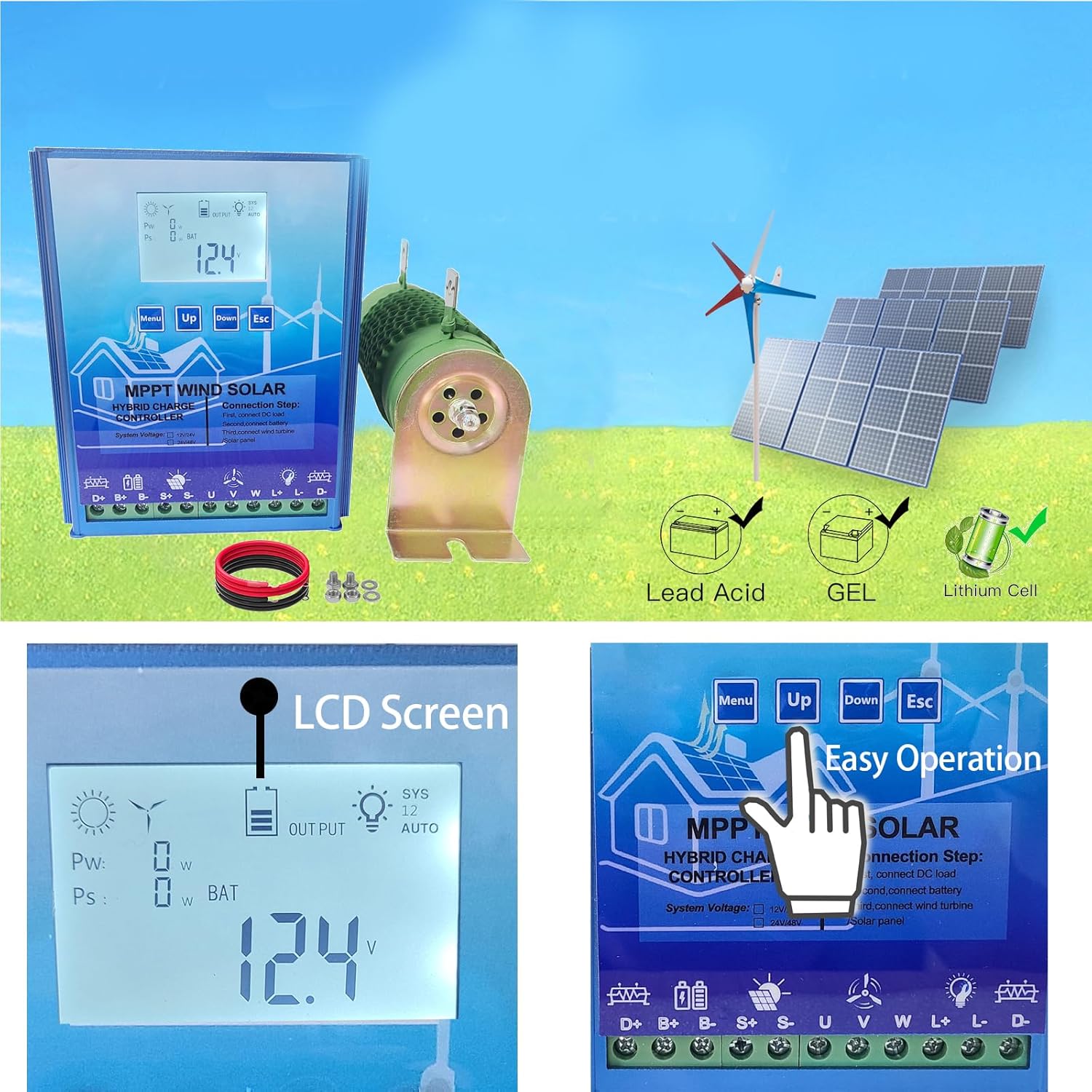 12000W LCD Wind Solar Hybrid System MPPT Charge Controller+12V 24V Auto Regulator Home Use Wind Generator(Blue),24v