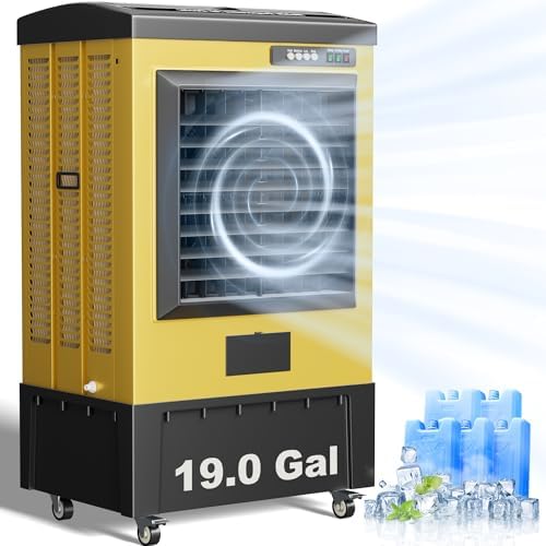 Swamp Cooler,6500 CFM Evaporative Air Cooler,19 Gal Water Tank Outdoor Air Conditioner,3 Speed,Suitable for Indoor & Outdoor Garage,Patio,courtyard,factory workshop,50inch,Yellow