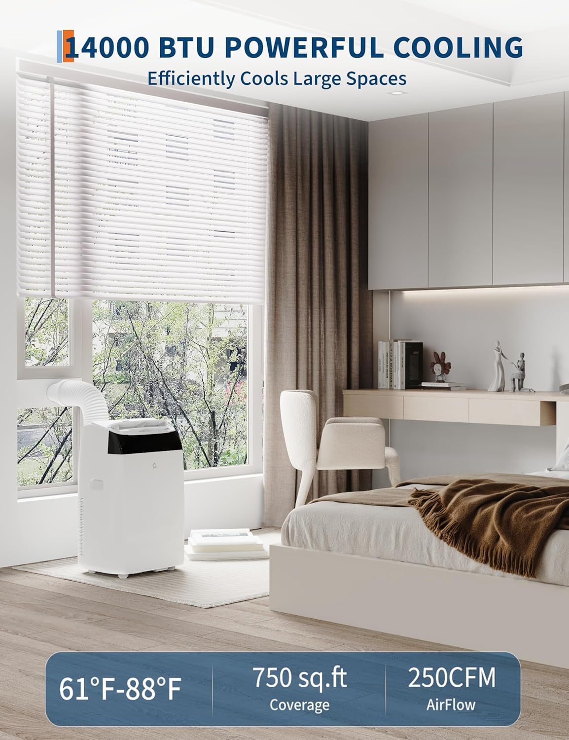 Portable Air Conditioners 14,000 BTU, Fast Cooling up to 750 Sq.Ft., Room Air Conditioners Portable with Dehumidifier & Fan Mode & Remote Control for Bedroom, Dorms, Indoor Rooms - White