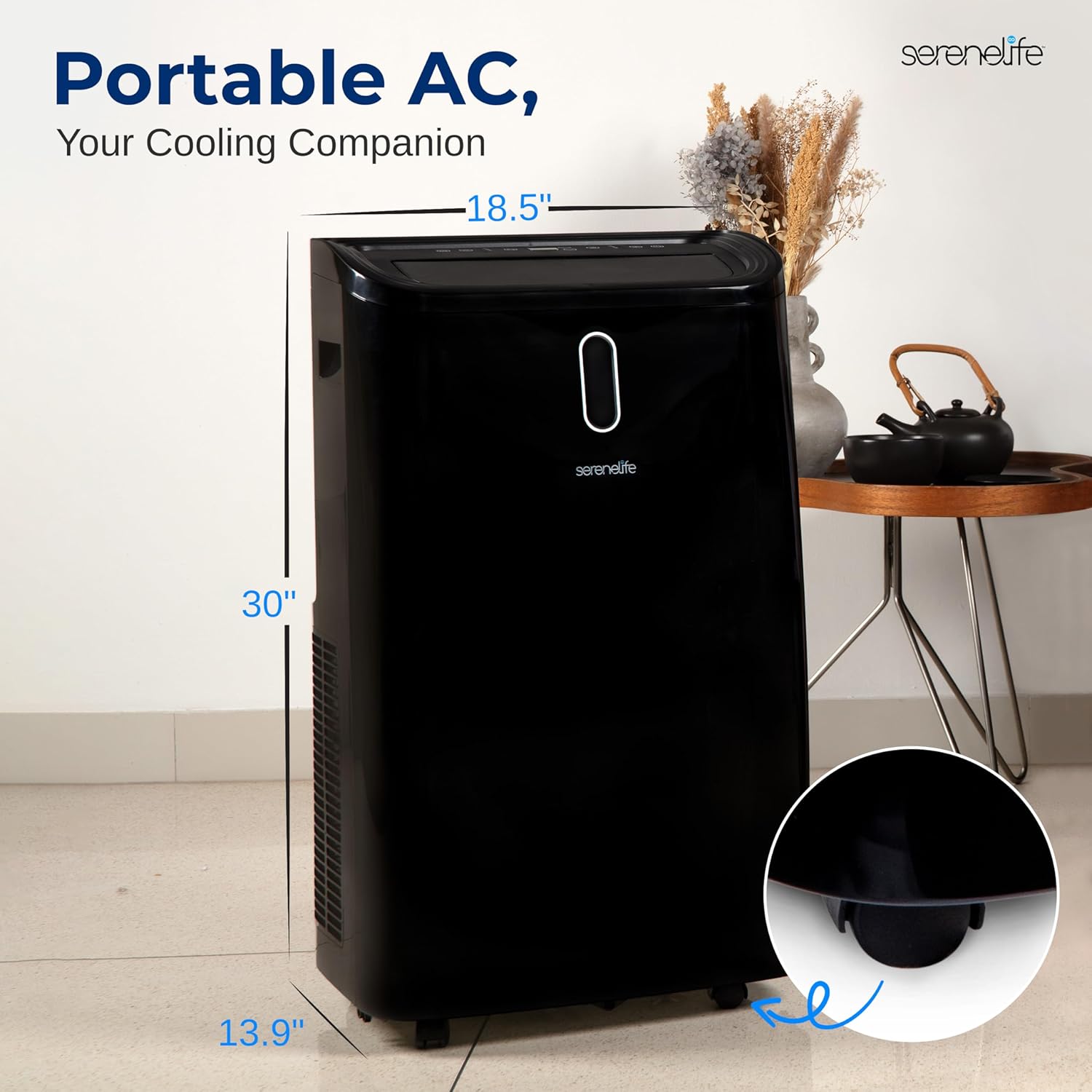 SereneLife 14000 BTU Portable Air Conditioner - 115V Compact Standing Air Conditioner for Room Up to 450 Sq. Ft., 3-in-1 Floor AC Unit with Remote Control - Universal Casters, Window Mount Kit
