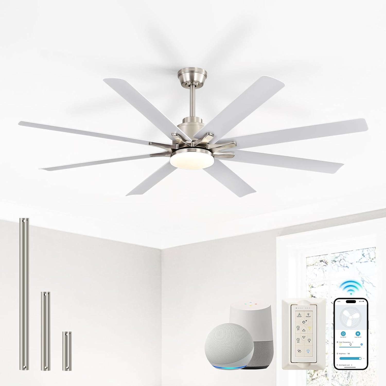 Sofucor Smart Ceiling Fan with Light, 52'' White Indoor/Outdoor Ceiling Fans with Remote Control, Work with Alexa/Google, Reversible DC Motor, ABS 8 Blades Ceiling Fans for Bedroom Living Room Patio