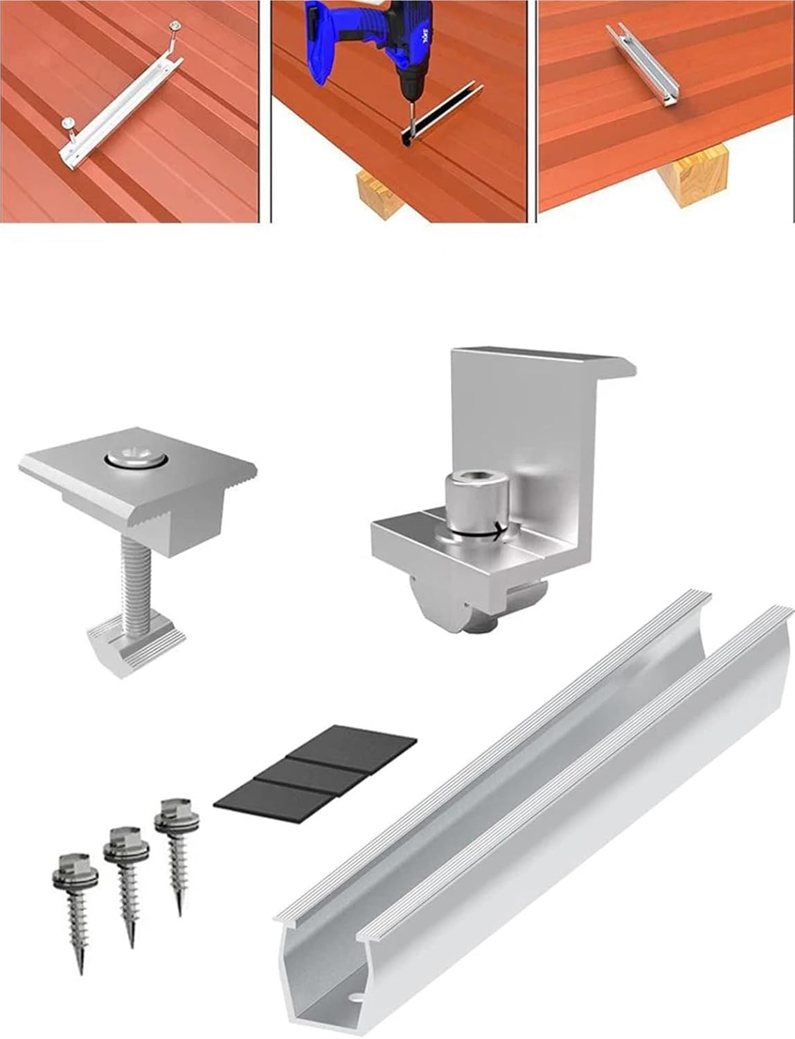 Aluminum Solar Panel Mounting Rail Bracket with Trapezoidal Clamp for Module Fastening,(Gold)