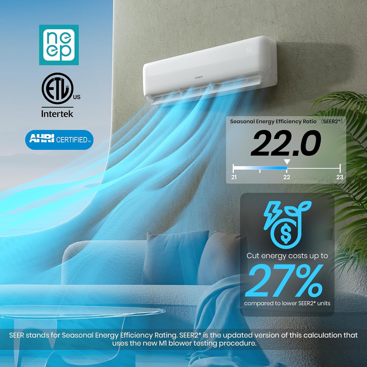 TOSOT 30,000 BTU Mini-Split Air Conditioner and Heating System, 22 SEER2 Wifi-Enabled Ductless Inverter AC Unit with 16ft Copper Line Set, Voice Controlled, 208-230V, Cosmo Series