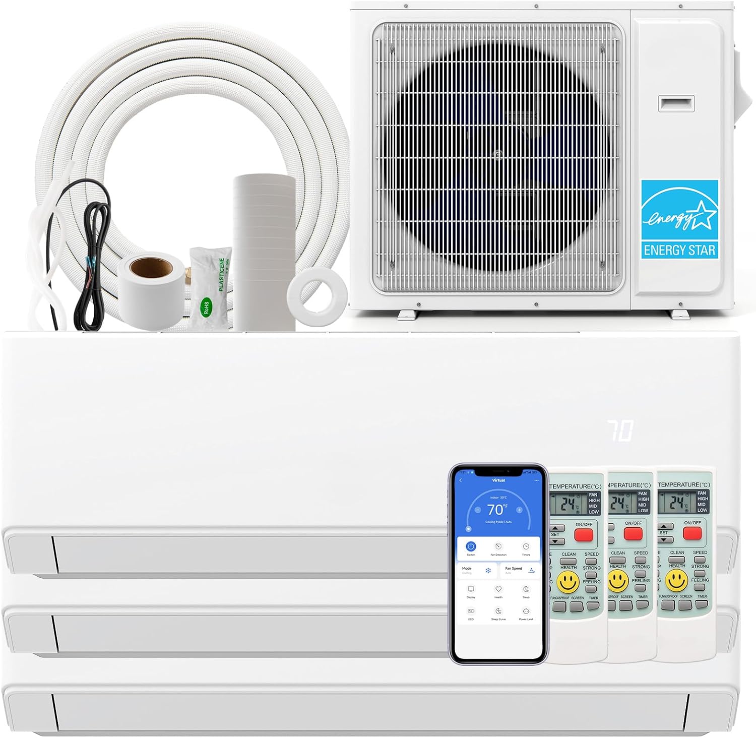 SIMOE 3 Zone 30,000 BTU (7K+9K+9K) Mini Split AC/Heating System, 23 SEER2 208-230V, Compatible with Alexa, Ductless Mini Split AC with Pre-Charged Heat Pump, Inverter, 16ft Install Kit