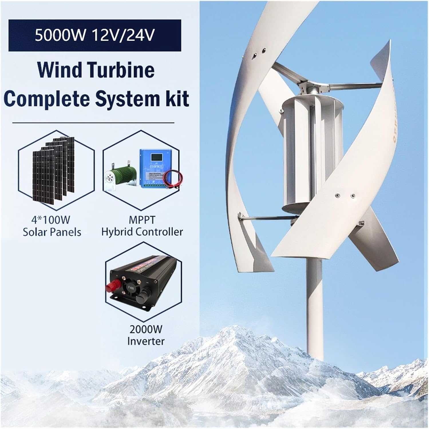 5KW Vertical Axis Wind Turbine High Voltage Generator 5000w 24V 48V with Charge Controller Household Windmill Industrial Energy(Hybrid Control,24V)