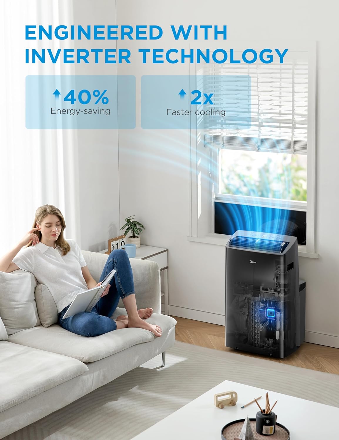 Midea Duo 14,000 BTU (12,000 BTU SACC) High Efficiency Inverter Ultra Quiet Portable Air Conditioner, with Heat up to 550 Sq. Ft., Works with Alexa/Google Assistant, with Remote Control & Window Kit