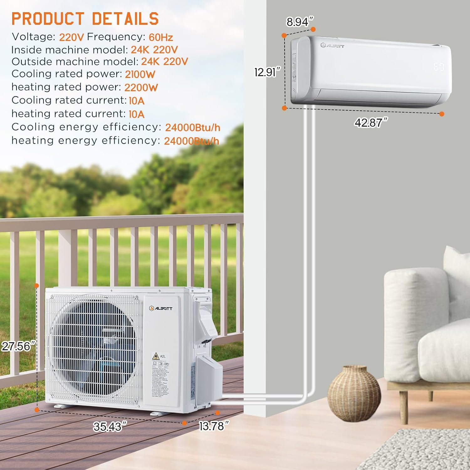 Albott Mini Split Air Conditioner Heat Pump, 24000 BTU Inverter AC, Cools up to 1500 Sq. Ft, Energy-Efficient with Self-Cleaning, SEER2 19, 220V, Ideal for Home, Office, Bedroom
