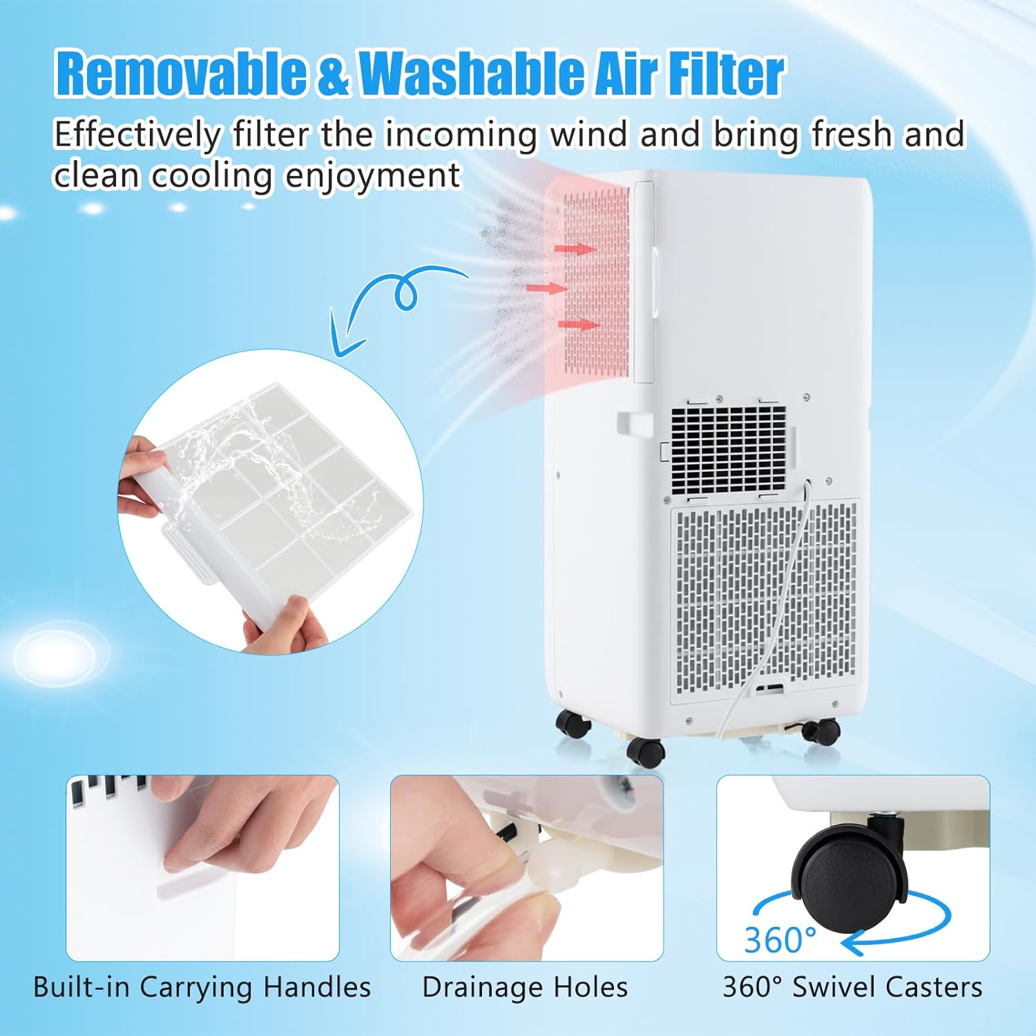 GOFLAME 10000BTUS Portable Air Conditioner for Rooms up to 250 Sq.Ft, 3-in-1 AC Unit on Wheels w/Cooling, Fan, Dehumidifier, Sleep Modes, 24H Timer, Remote Control Installation Kit, Floor AC Unit