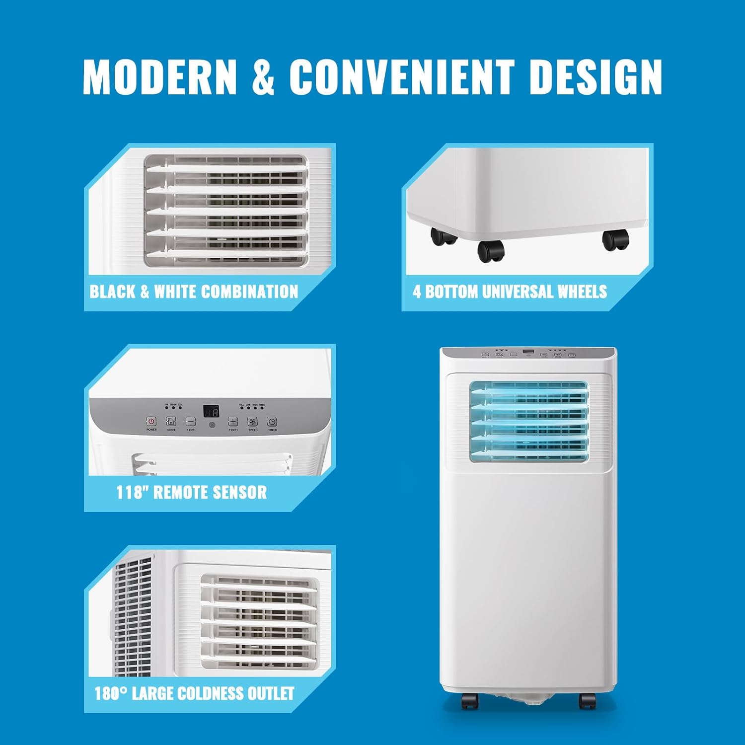 WANAI Portable Air Conditioner Standing Floor 8,000 BTU ASHARE(5,000 BTU SACC) AC Unit with Built-in Dehumidifier & Fan, Remote Control and Window Installation Kit Included, LED Display, White