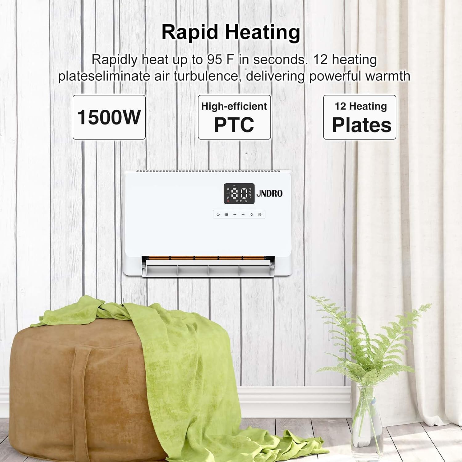 Wall-Mounted Space Heater with ECO Thermostat and Remote Control, LED Display, 60°/90°/120° Oscillation Modes, 24-Hour Timer, Indoor Electric Space Heater