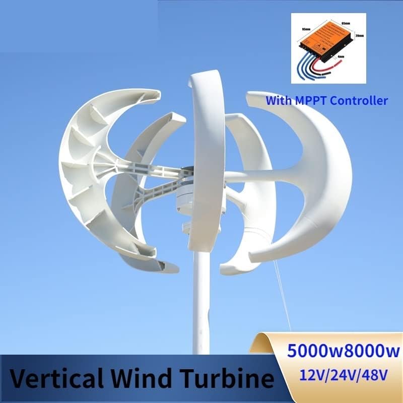 Wind Turbine, Wind Power Turbines Generator 5kw 8kw 12/24/48V 5 Blades Windmill Lantern Vertical Axis for Streetlight with MPPT Controller(White,with COTROLLER_24V_5000W)