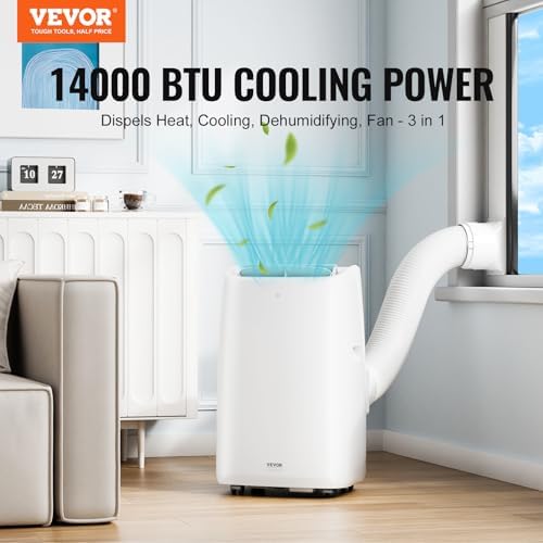 VEVOR Portable Air Conditioner 14,000 BTU, AC Unit with Built-in 3-in-1 Cool, Dehumidifier & Fan Modes for Room up to 700 sq.ft, Includes Remote Control & Window Kit