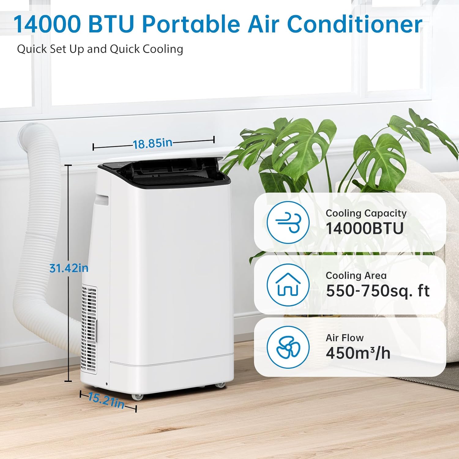 14,000 BTUs Portable Air Conditioner for Room Up to 350 Sq.Ft, 3 in-1 Quiet Cooling AC Unit with Remote Control, Fan & Dehumidifier, Remote Control, 24H Timer, Smart Sleep Mode
