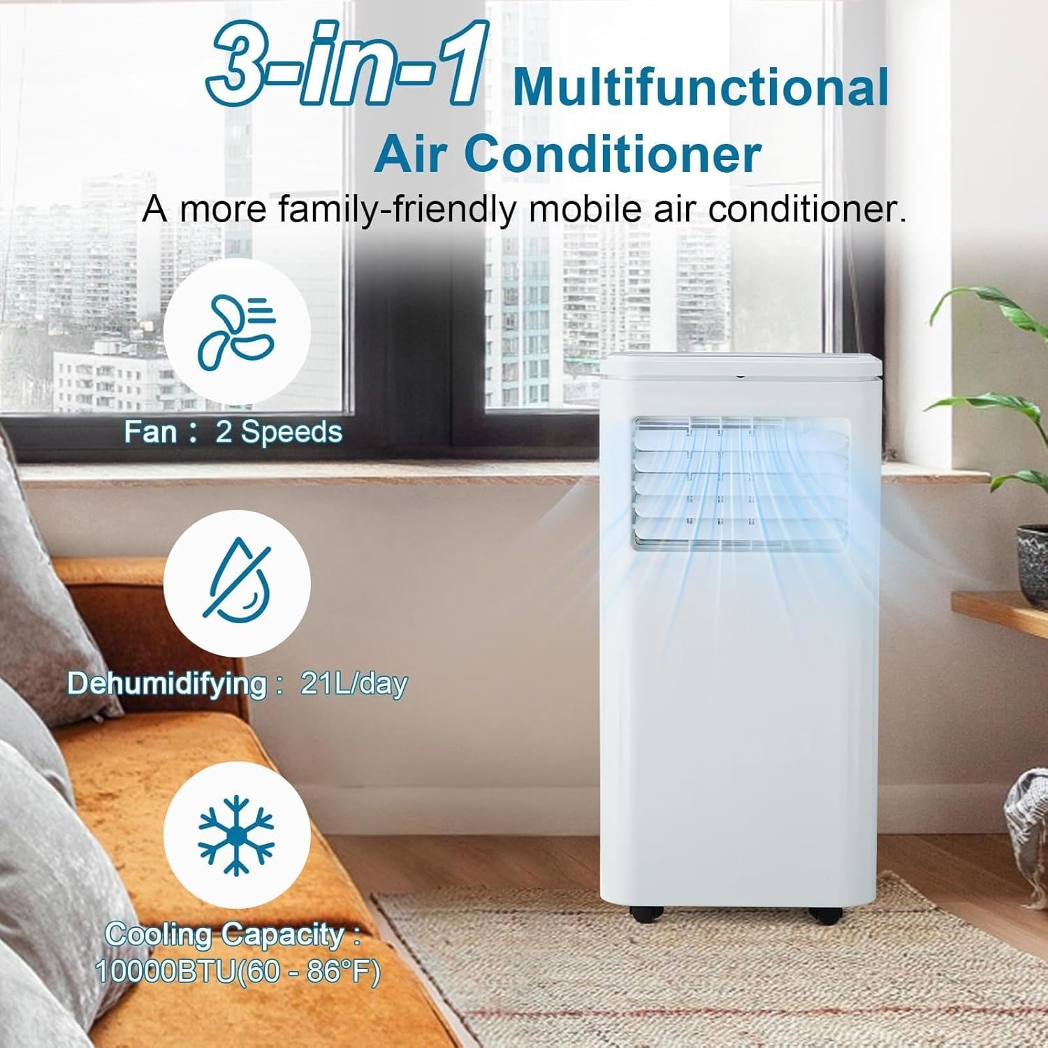 10,000 BTU Portable Air Conditioner, 3-in-1 Quiet Cooling AC Unit with Built-in Dehumidifier & Fan Modes for Room Up to 450 Sq.Ft, Remote, 24 Hour Timer, Installation Kit, White