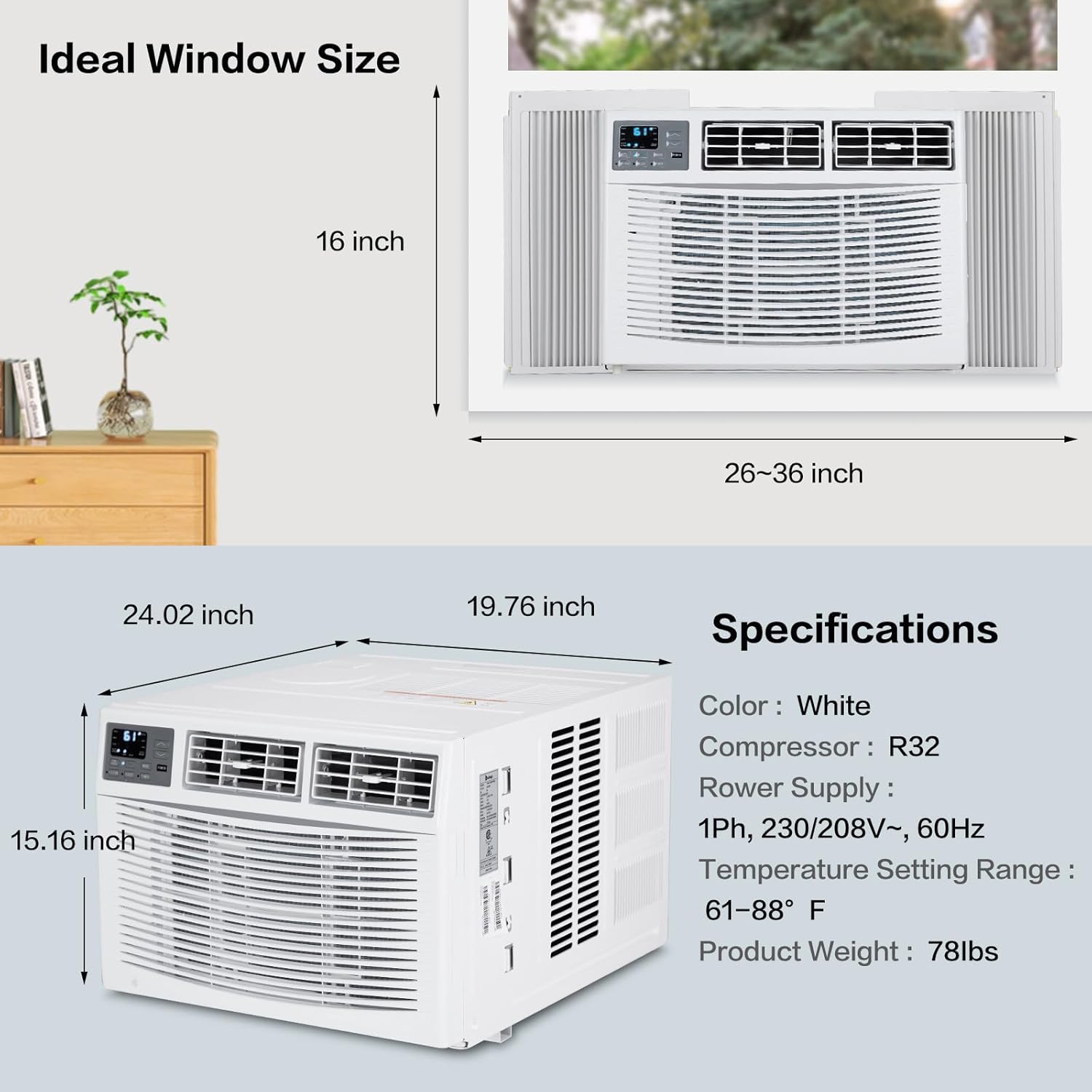 ROVSUN 12000 BTU Air Conditioner Window Unit with Heat, 4-in-1 Window AC Unit Cooler, Heater, Dehumidifier & Fan with Timer, Remote Control & Installation Kit for Rooms up to 550 Sq. Ft, 208/230V