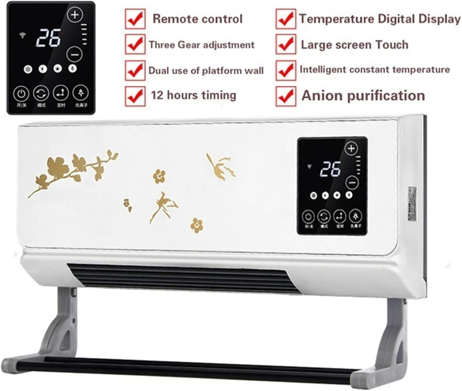 Space Heater 2000W Wall Mounted Air Cooler Conditioner Heater Fan Heating Cooling Room Bathroom Waterproof Remote Timing Air Conditioning Fan Electric Heaters (Color : Gold, Size : 2000W)