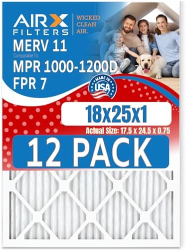 18x25x1 Air Filter MERV 11 Rating, 12 Pack of Furnace Filters Comparable to MPR 1000, MPR 1200 & FPR 7 - Made in USA by AIRX FILTERS WICKED CLEAN AIR.