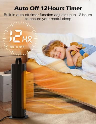 VAGKRI 24” Oscillating Ceramic Tower Space Heater，Fast Ceramic Heater with Thermostat and Remote,Portable Electric Heater with Tip-Over & Overheating Protection, 3 Modes for Bedroom, Office Black