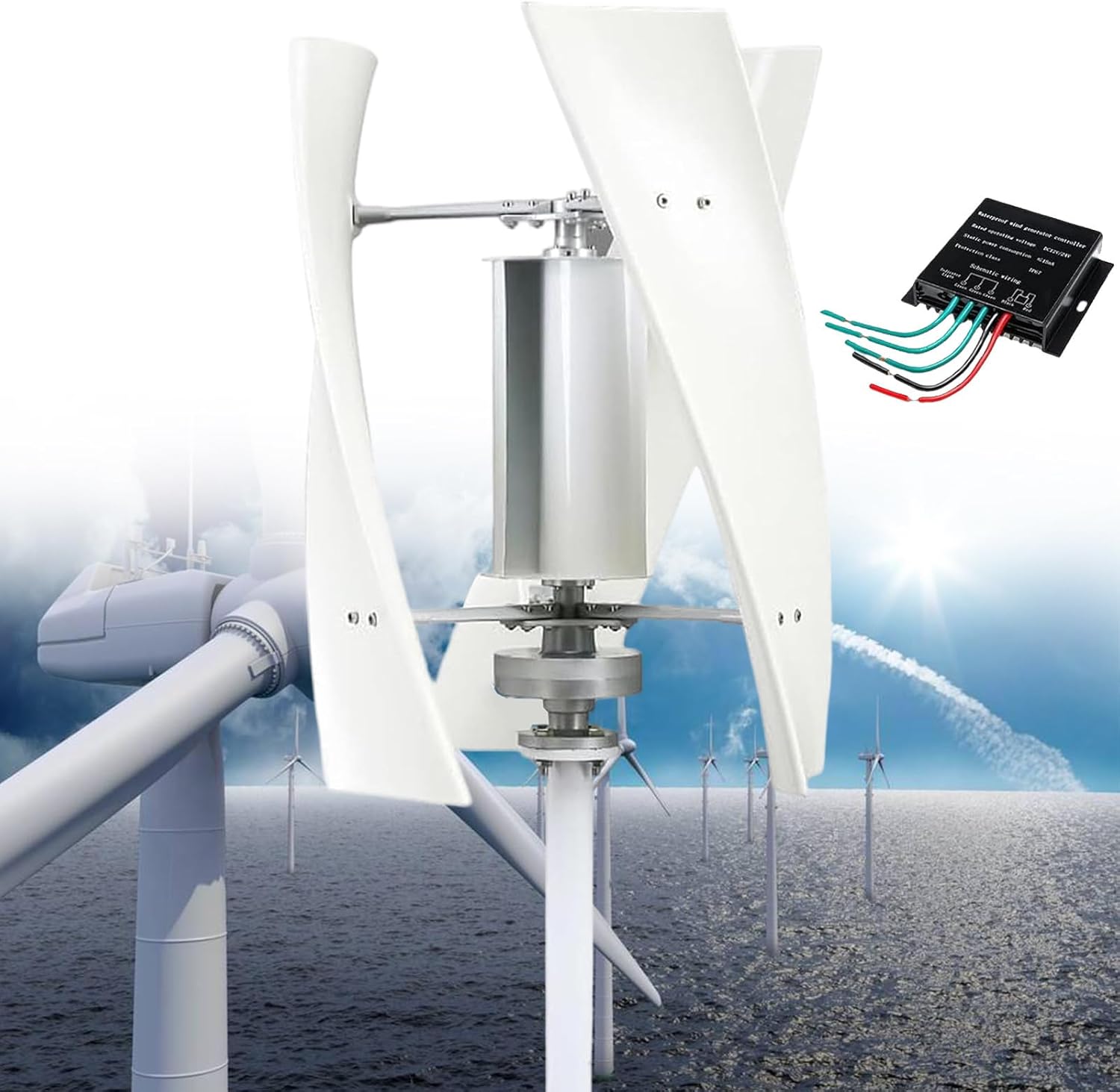 14000W Hybrid Vertical Wind Turbine Generator, 12V/24V/48V/110V/220V, Home Use, Permanent Magnet, MPPT Controller, Eco-Friendly Renewable Energy, White-24V