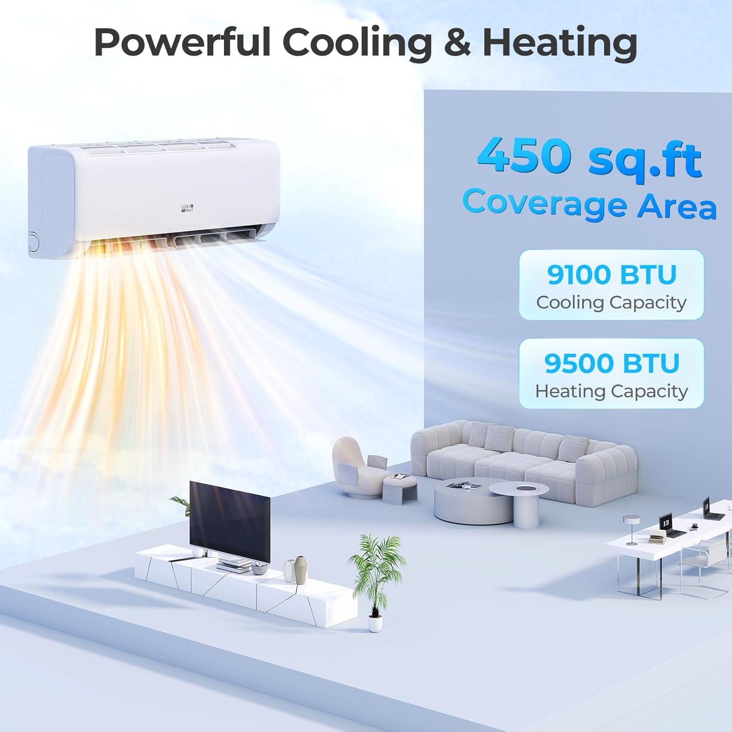 COSTWAY 9000 BTU Mini Split Air Conditioner, with Heat Pump, 20.5 SEER2 115V Inverter, 24H Timer, Auto Clean, Remote Control for Rooms up to 450 Sq.Ft (Airtural Series)