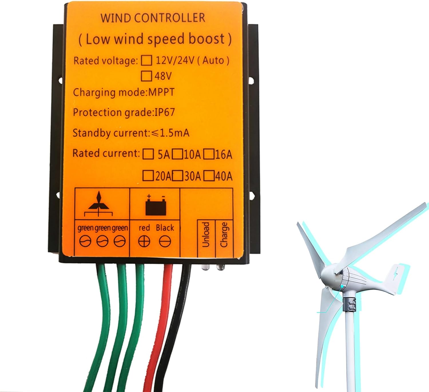 MPPT Wind Turbine Charge Controller 100W-1000W 12V 24V Auto Match IP67 Waterproof Universal Generator Controller(Yellow)
