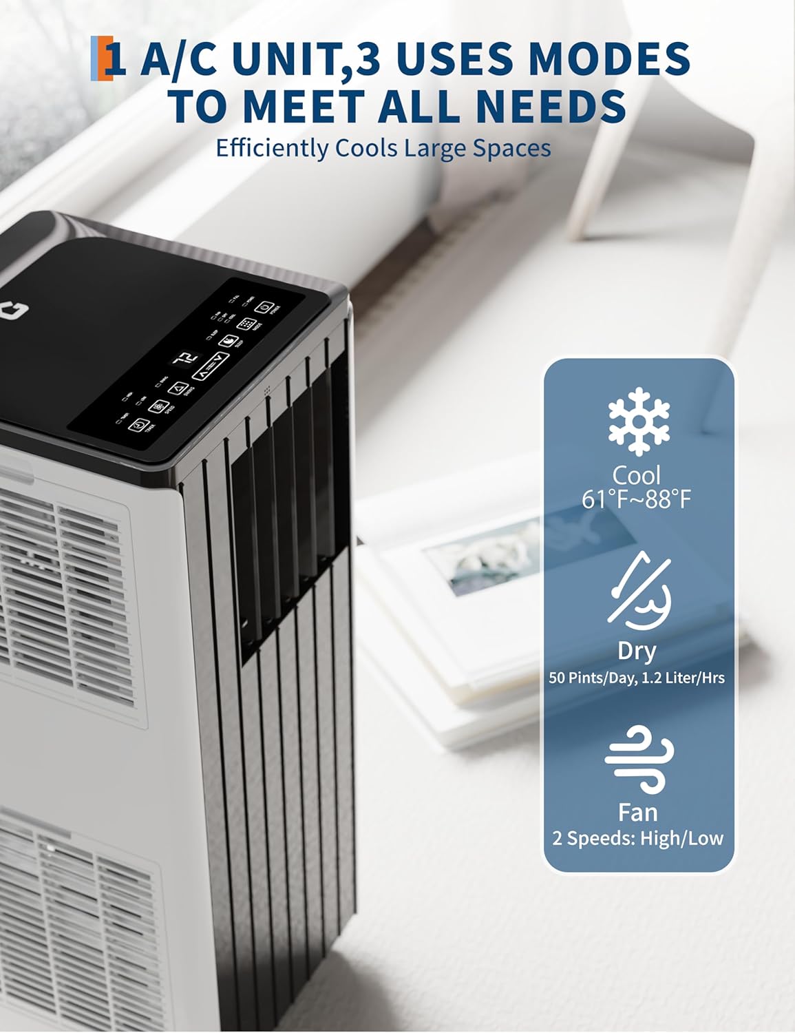 Portable AC 8000 BTU Air Conditioner, Cools 350 Sq.Ft Room, with Fan & Dehumidifier, Remote Control, 24H Timer, Auto Swing, Easy Setup for Home, Bedroom, Office, Living Room Use, Black Top