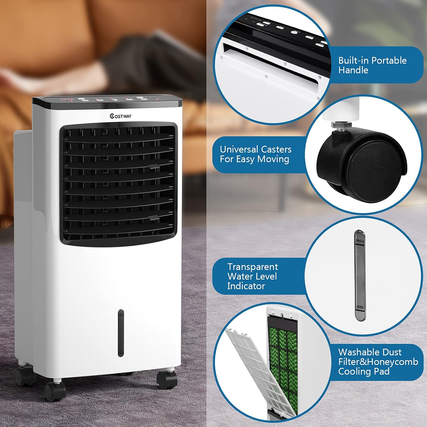 Rolling Evaporative Air Cooler, 3-in-1 Air Conditioner w/Fan & Humidifier, Portable Bladeless Quiet Electric Fan with Remote Control & Casters, 2 Ice Box & 8 Liter Water Tank for Home/Office
