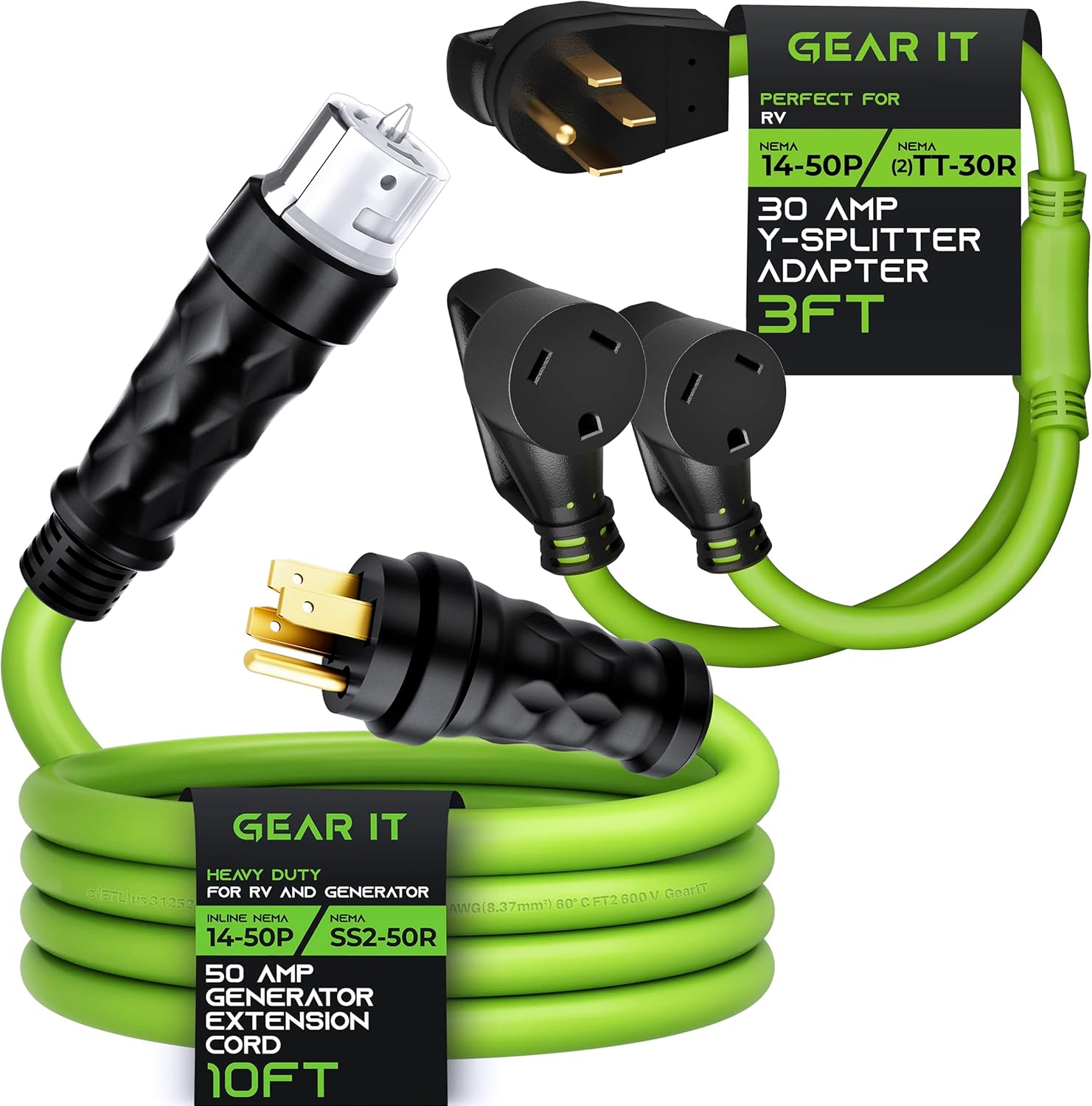 GearIT 50A Generator Extension Cord (10ft) Inline NEMA 14-50P to SS2-50R Twist Lock Connector and 50A to 30A Y Splitter
