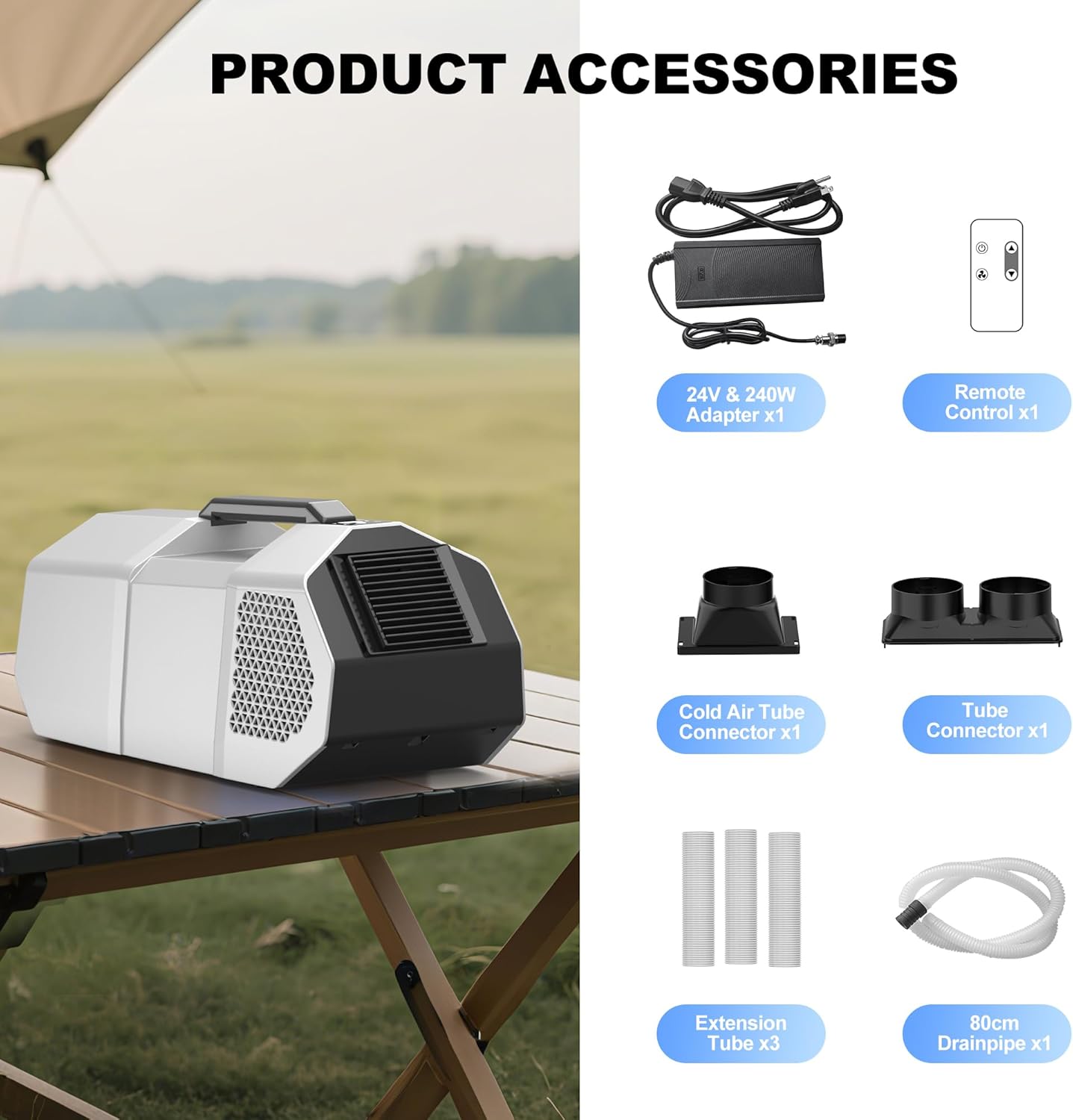 Portable Air Conditioner for Tents, Camping AC 3-Speed Cooling with Remote & Touch Control, Quiet 240W Low Power for RV, Car, Outdoor Use