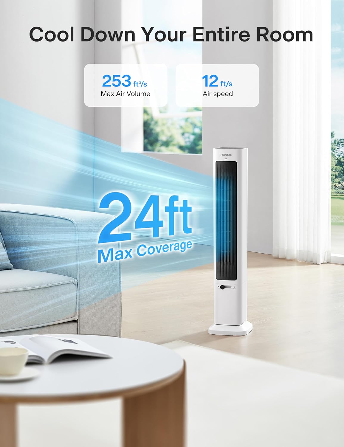 PELONIS Oscillating Tower Fan and Heater Combo with Remote Control - Heater Fan Combo for Indoor Use – 3 Fan and 2Heater Speeds, 12-HR Timer, ECO Mode, Tip Over and Overheat Protection, White