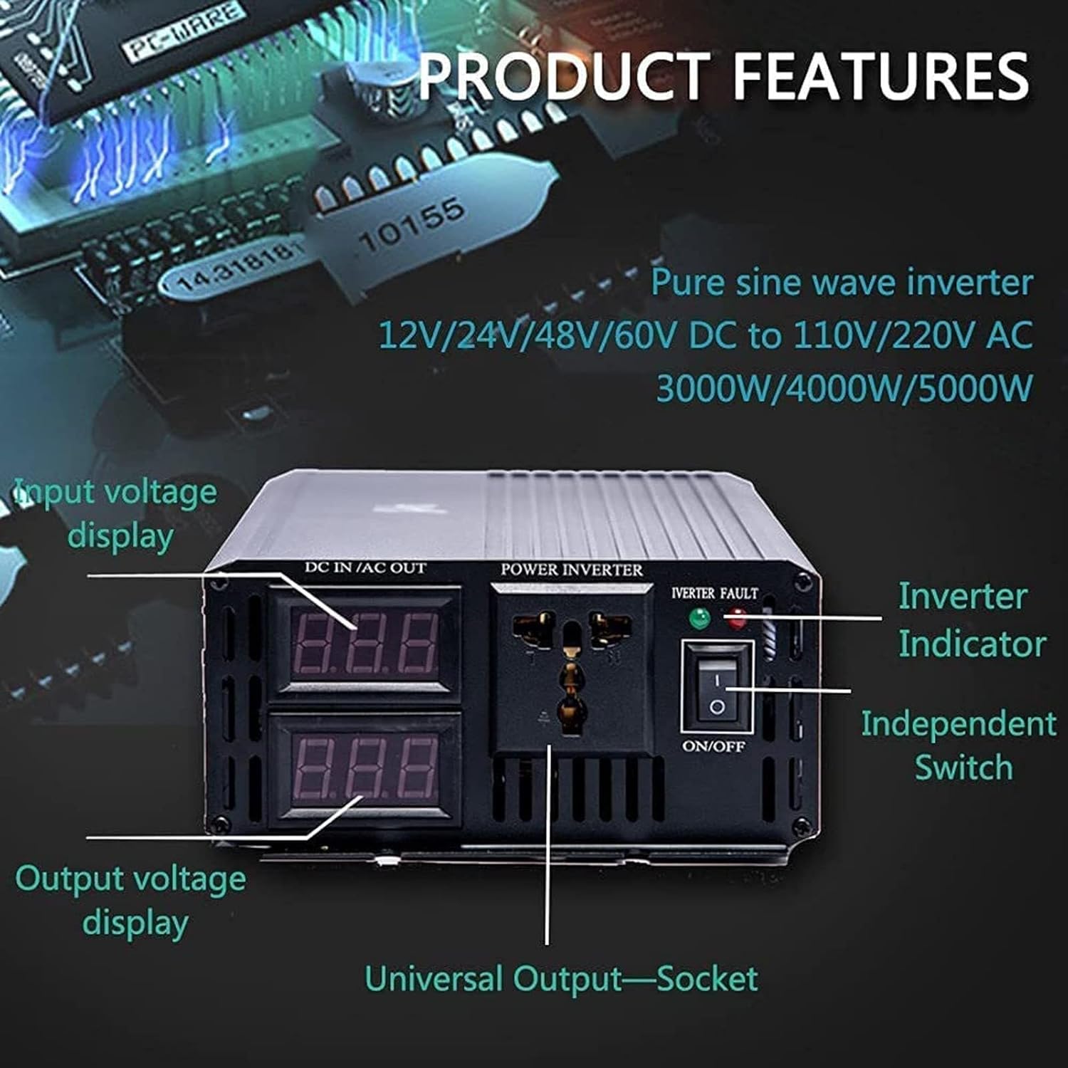 Power Inverter Pure Sine Wave Inveter 3000W 4000W 5000W 12V/24V/48V/60V DC to 110V/220V AC Car Inverter(12vto220v,3000W)