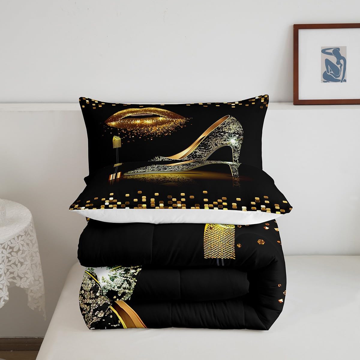Manfei Gold Glitter Lips Comforter Set King Size, Black Golden High-Heeled Shoes Bedding Set 3pcs for Boys Girls Room Decor, Geometric Grid Quilt Set Fashion Duvet Set with 2 Pillowcases