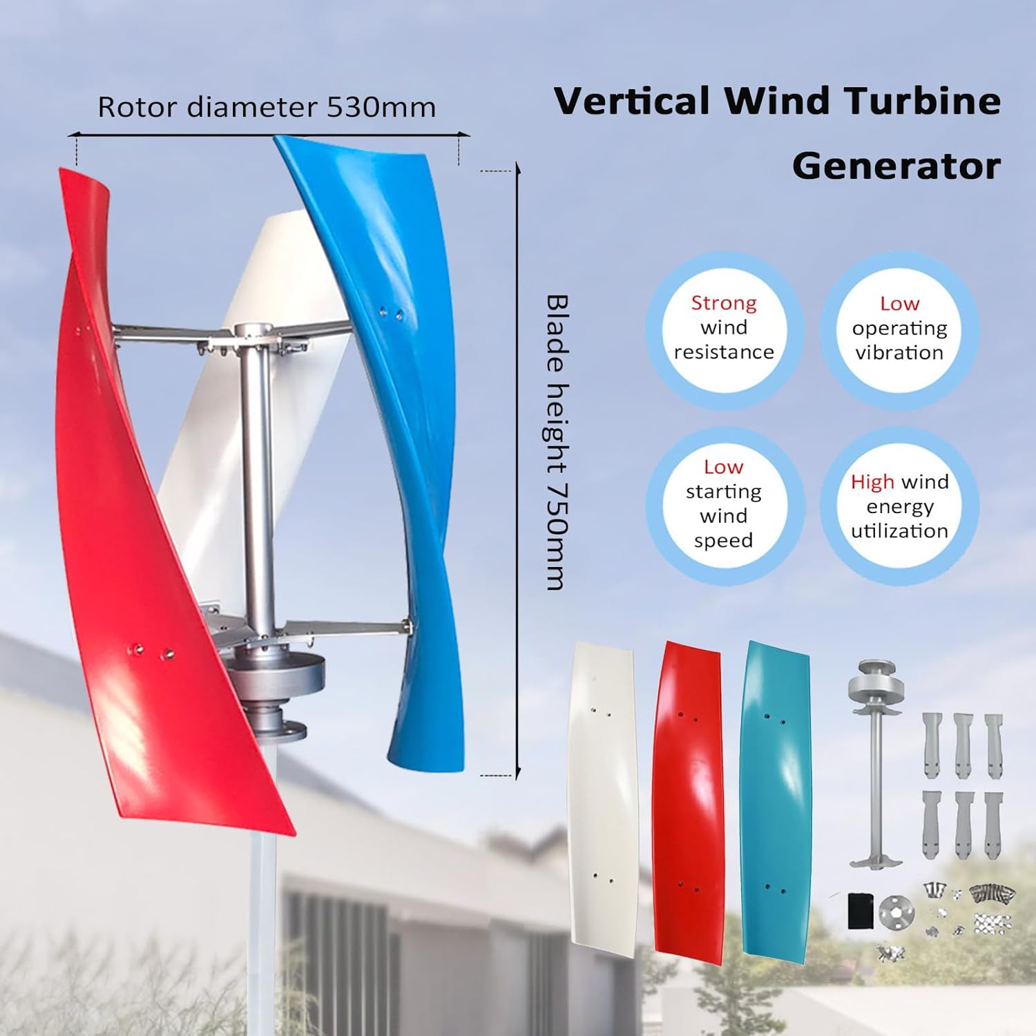6000W Vertical Wind Turbine Generator Kit with Controller - 3-Blade Eco-Friendly Wind Power System for Home & Street Lighting, 24V Renewable Energy Solution for Sustainable Living