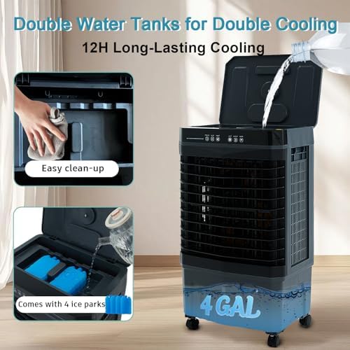 1800 CFM Swamp Cooler Portable Air Conditioners, 31” Evaporative Air Cooler with 4 Gallon Water Tank, 4 Ice Packs, 120°Oscillation Cooling Fan 2 Modes & 3 Speeds, 12H Timer for Home Outdoor Office