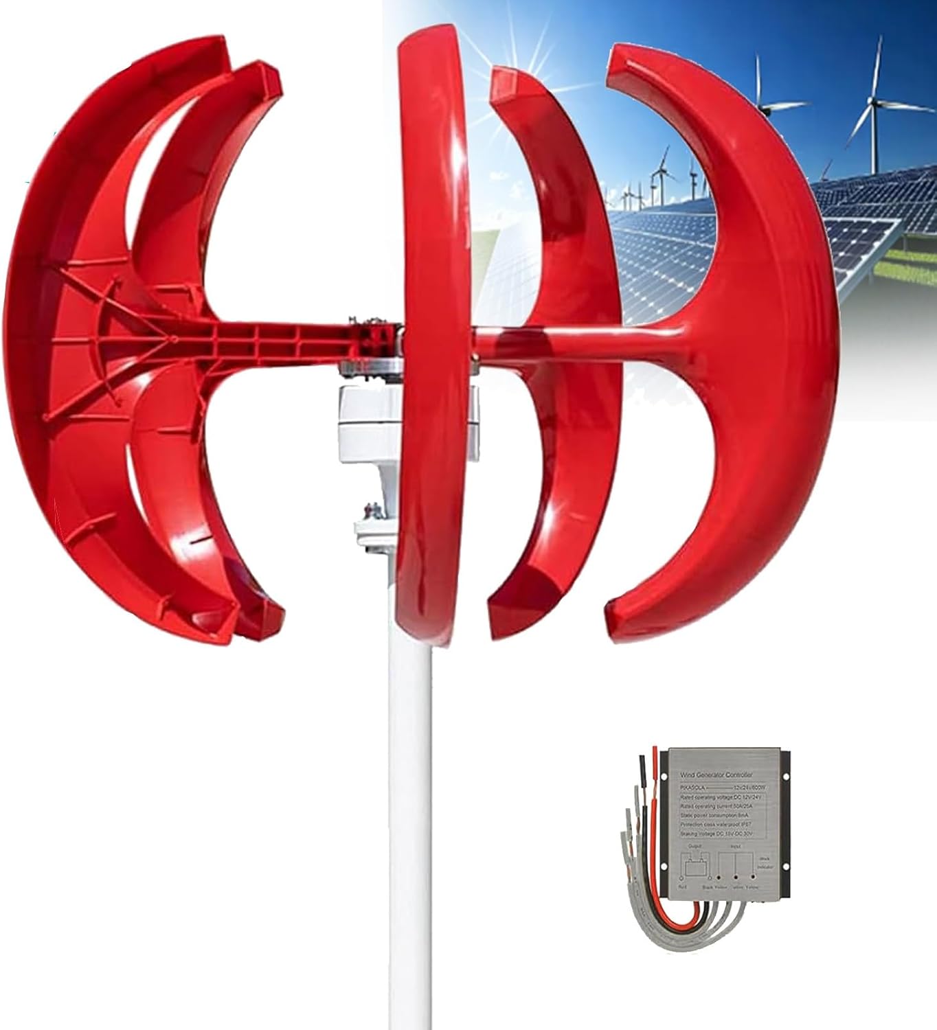 16000W Vertical Wind Turbine Generator Kit, 12V/24V/48V Home Wind Power System, Quiet 5-Blade Design, Efficient Renewable Energy Solution (Red, 12V)