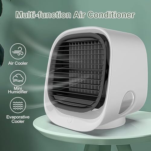 Portable Air Conditioner, Mini Air Cooler, 300 ML Water Tank, 8 Hours Of Use, with 3-Speed Cooling, Multi-angle Wind Adjustment, Built-In Night Light for Home, Office, Travel (White)