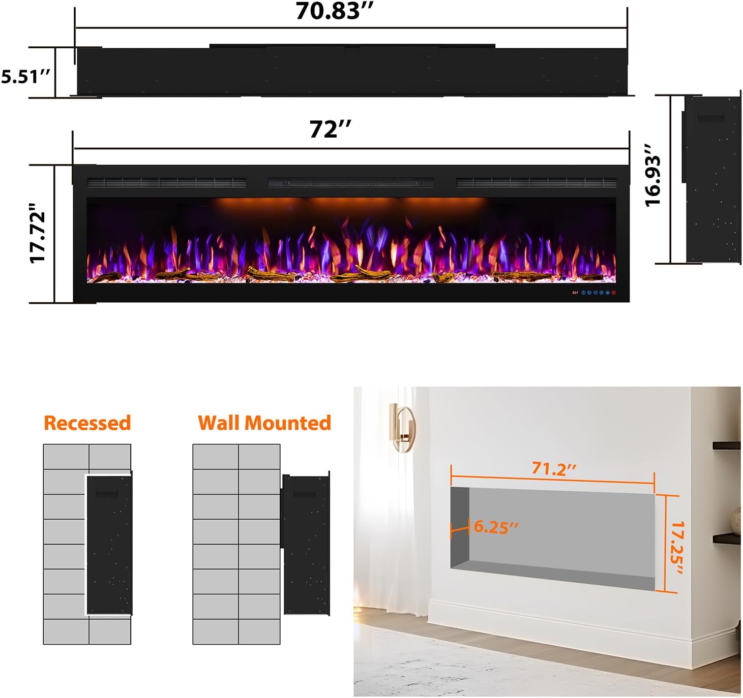 72 inch Electric Fireplace - Ultra Slim Frame - in Wall Recessed & Wall Mounted - Multicolor Flame - Log & Crystal Hearth - 1500/750 Watt Heater - Remote Control & Touch Screen- Timer