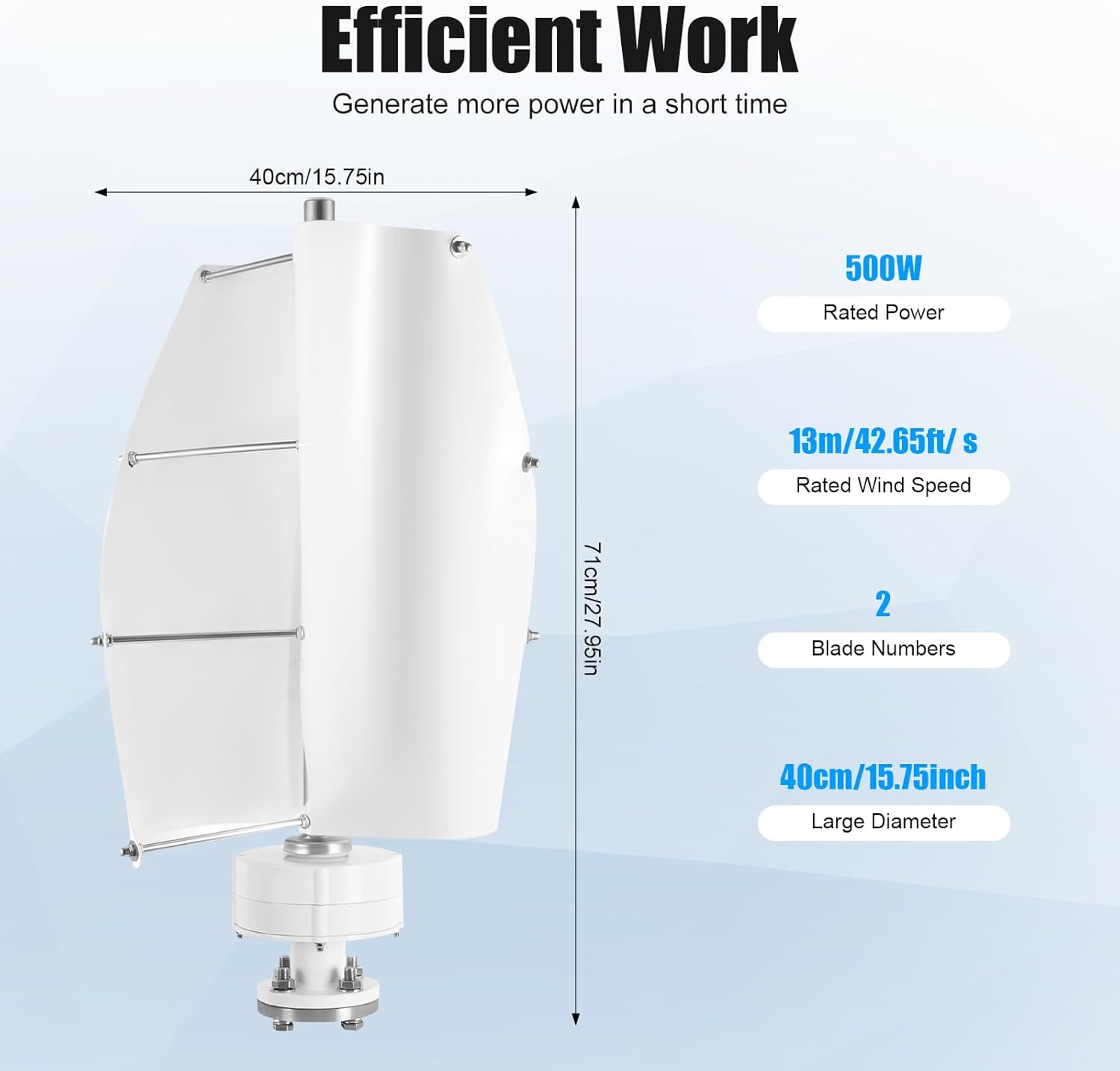 500W 12V Vertical Axis Wind Turbine Kit - 2 Blades, 42.65ft/s Wind Speed, Complete Wind Generator with Controller for Residential, Commercial & Industrial Energy Solutions - Eco-Friendly Power (White)