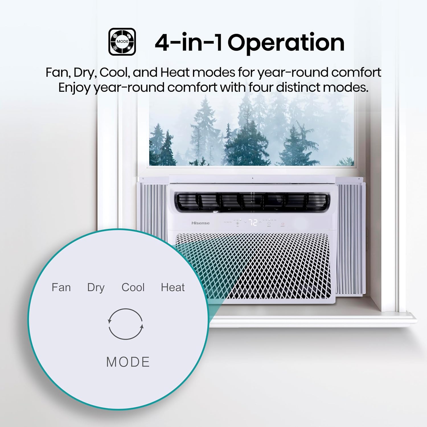 Hisense WCH08R25A Window Air Conditioner, White, 8,000 BTU Heat and Cool, 4 modes (Cooling, Heating, Fan, Dehumidifier), Easy Installation, 2 Years Warranty