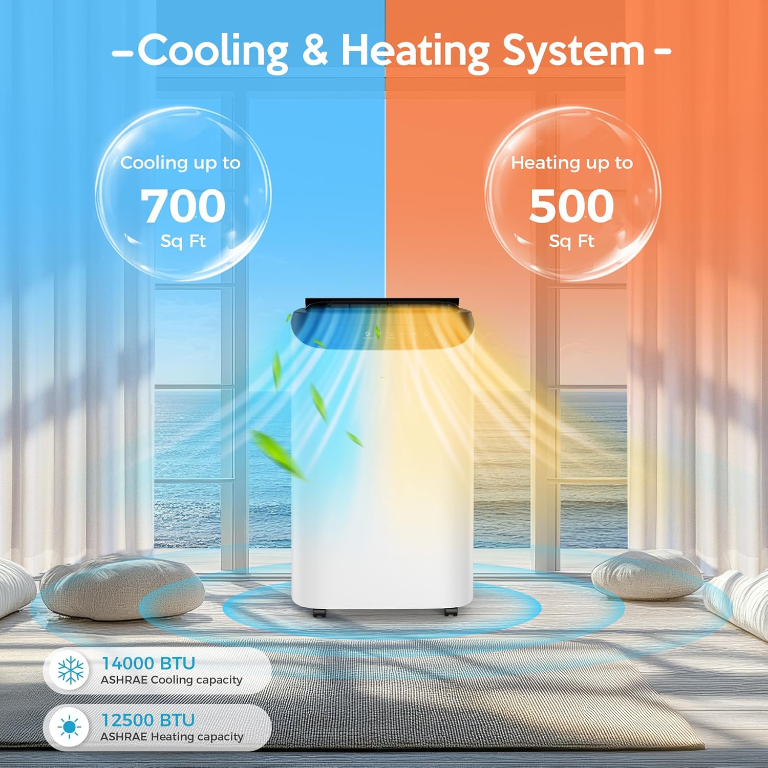 14000 BTU Portable Air Conditioners with Heater, Remote Control, 4-in-1 Free Stand Smart Cooling AC Unit with Heating, Dehumidifier, Fan Mode for 550-700 sq.ft Room, Auto Swing,Timer, Black