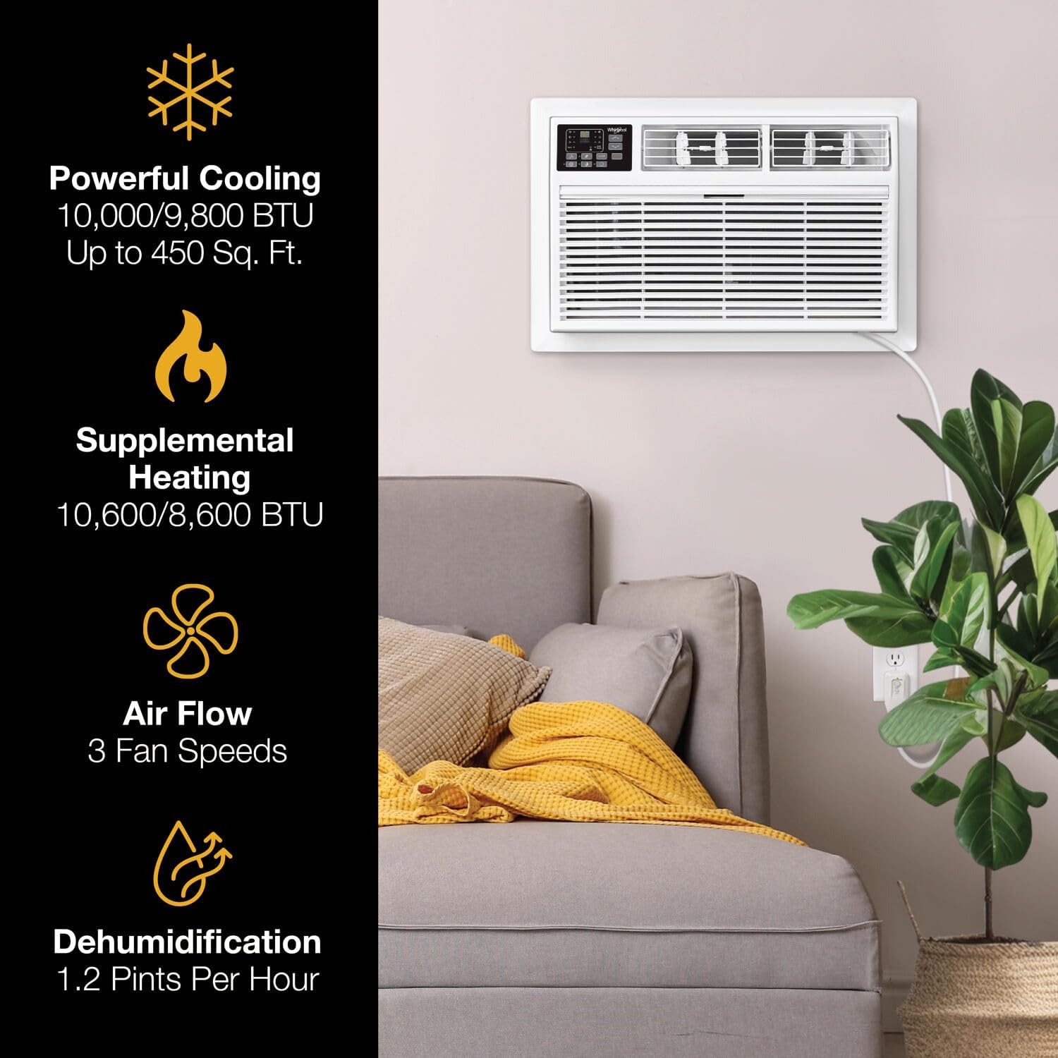 Whirlpool 10,000 BTU 230V Through-the-Wall Air Conditioner with Supplemental Heat, Dehumidifier and Remote, Wall AC Unit for Apartment, Living Room and Medium Rooms up to 450 Square Feet in White