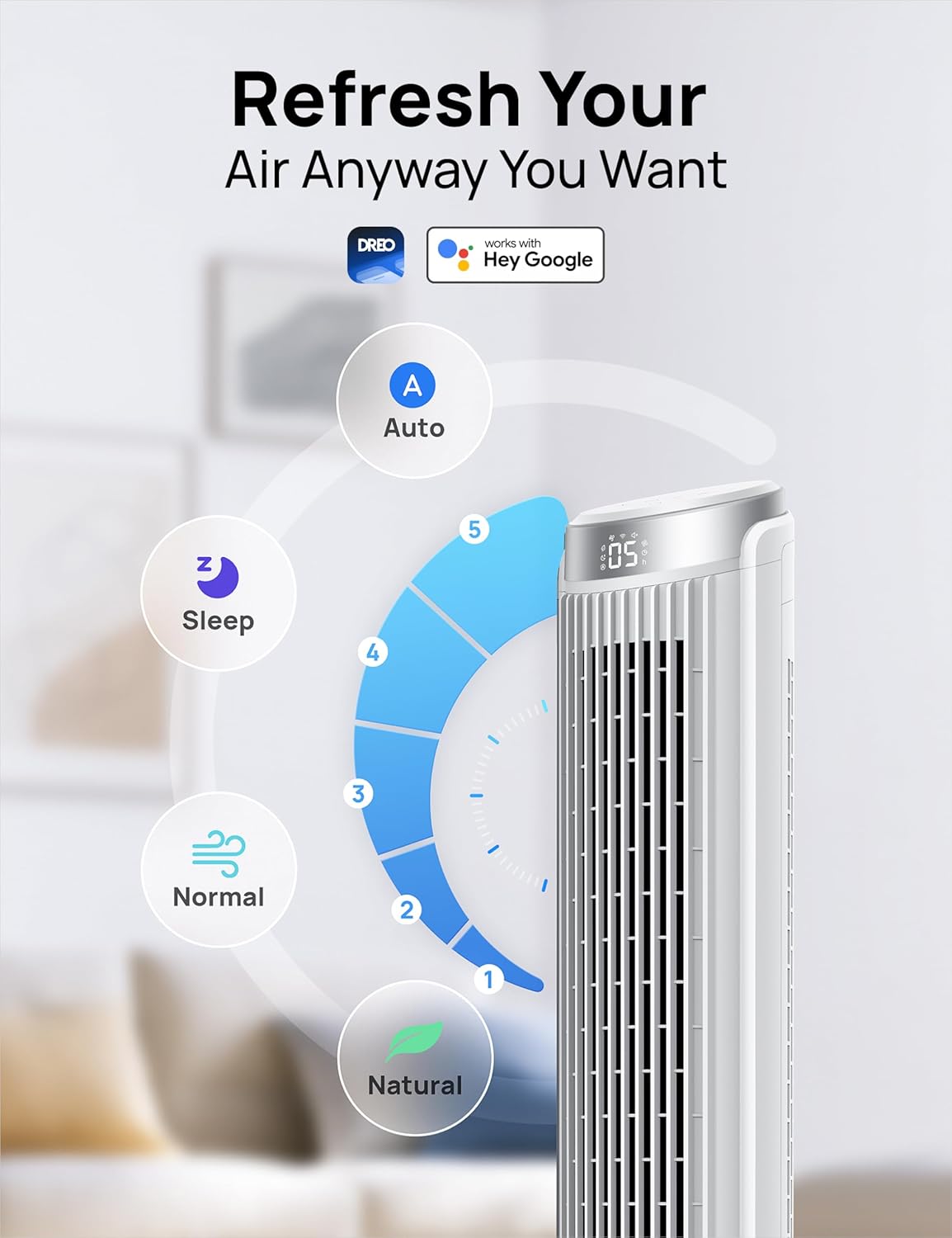 Dreo Smart Tower Fan for Bedroom, Standing Fans for Indoors, 90° Oscillating, 26ft/s Velocity Quiet Floor Fan with Remote, 12H Timer, Voice Control Fans for Indoors, Compatible with Alexa