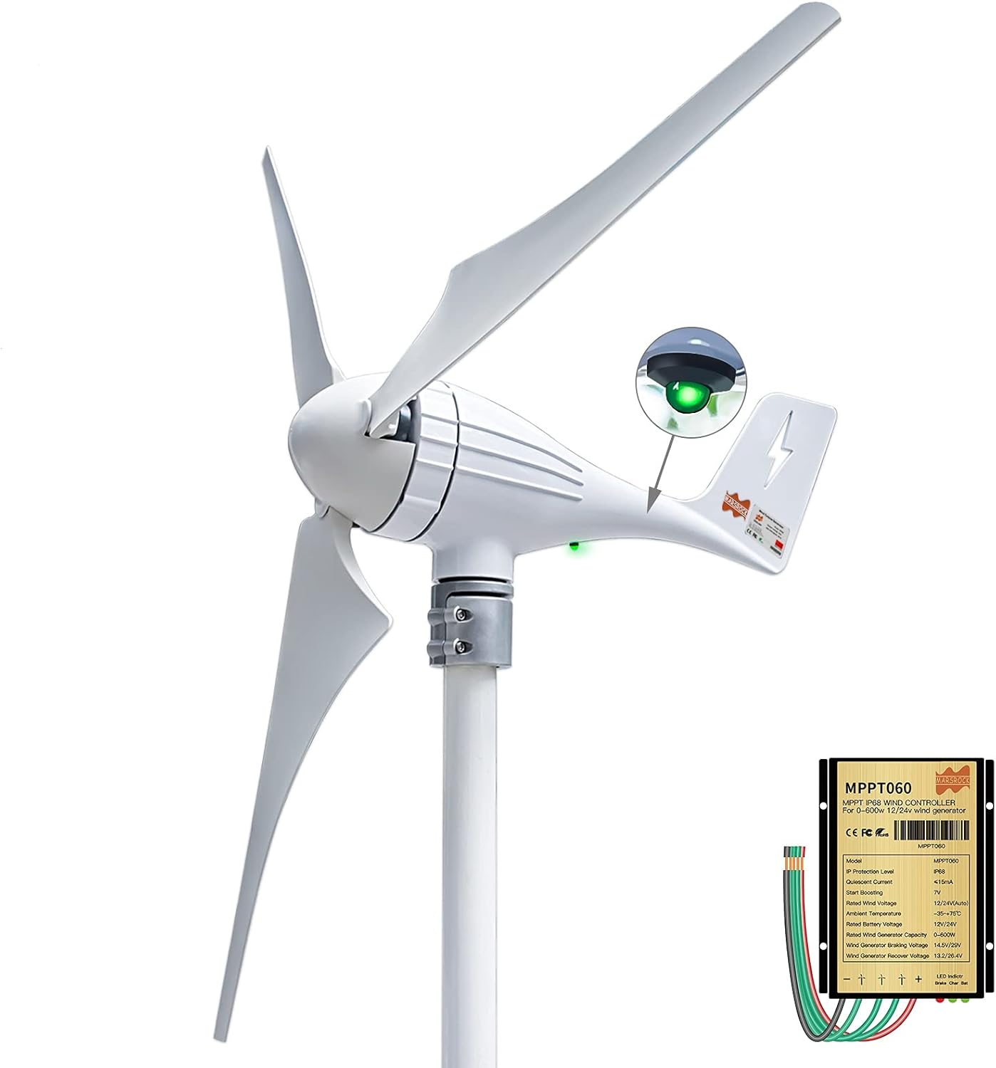 MARS ROCK 600W 24V AC Small Wind Turbine Generator Windmill with LED Indicator MPPT Controller for Wind Solar Hybrid System 2m/s Low Start Wind Speed 3 Blades(3S4-600H-24W-D)