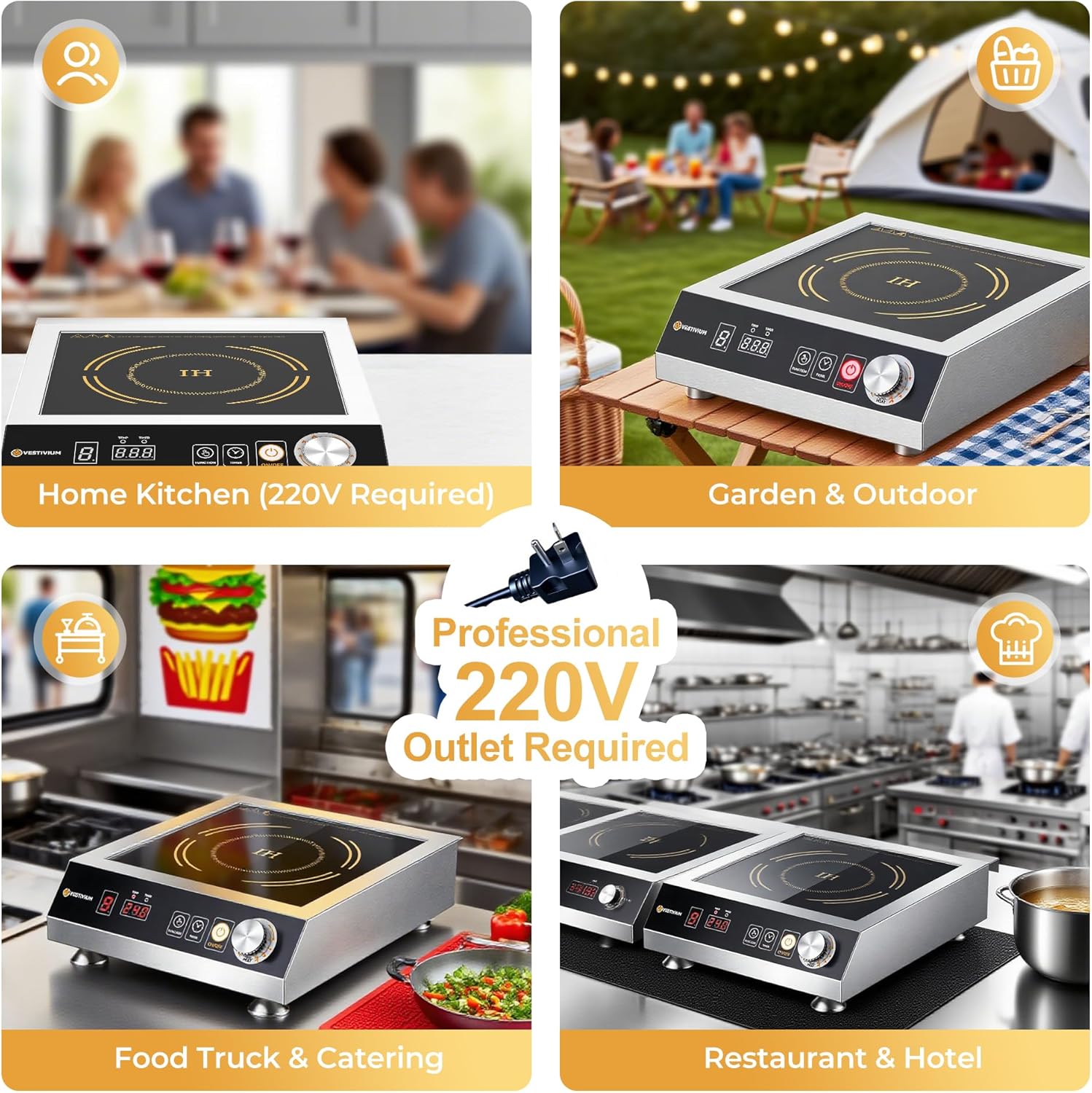 Commercial Induction Cooktop 3500W/220V, Professional Portable Countertop Burner, 9 Power/Temp Levels Dual Cooling Fans IPX4 Waterproof 72H Continuous Use, Overheat Protection