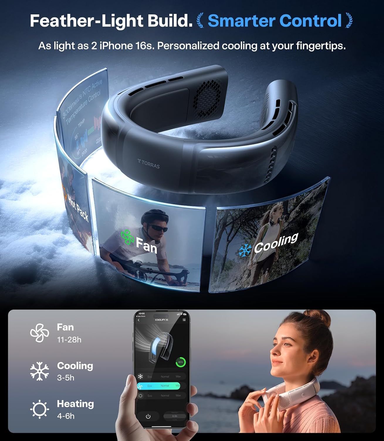 TORRAS 2025 COOLiFY 2S Neck Fan, 3 Model, 3-28H Extended Battery Life, Neck Fans that Blow Cold Air, Neck Air Conditioner, Cooling Neck Fan for Work,Hiking,Travel. Gifts for Dad Husband Father, Black