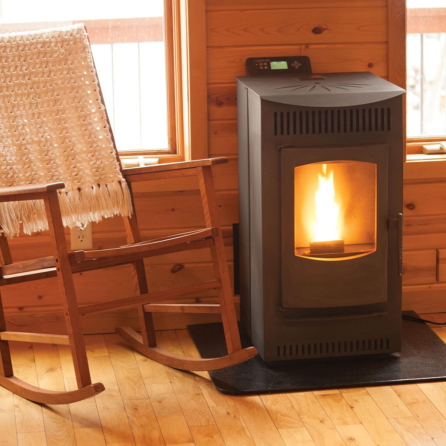 Castle Wood Pellet Stove Serenity 12327 Indoor Heating Temperature Control, Free Standing with Flame Window and Smart Controler, 18- ¼”W x 34”H x 23 ¾”D